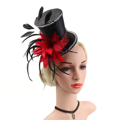 Top Hat Headpiece with Faux Feather Decor - Image 2