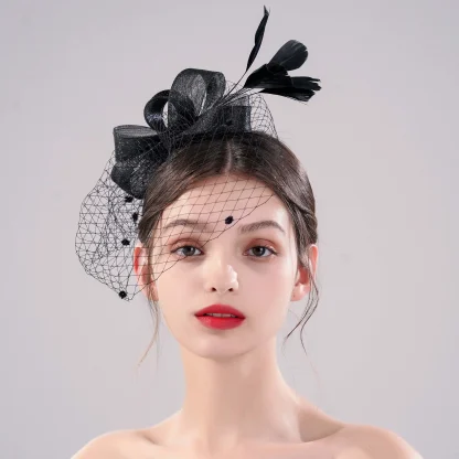 Elegant Black Net Veil Fascinator with Polka Dot - Image 6