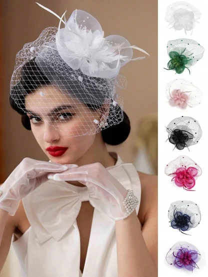 Formal Net Veil Headpiece with Floral Design - Image 2