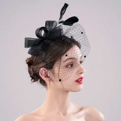 Elegant Black Net Veil Fascinator with Polka Dot - Image 2